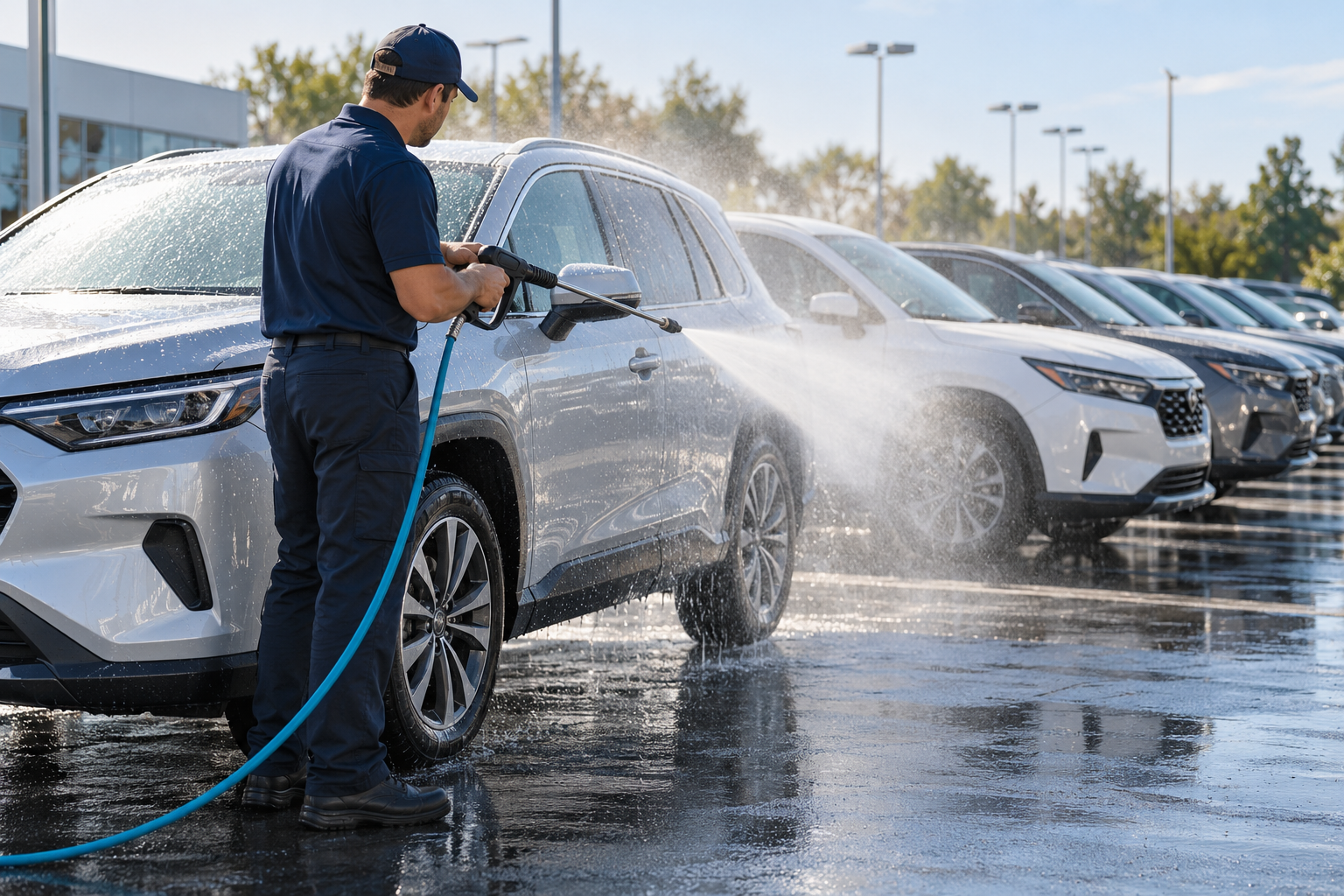 Illustration of a wash technician cleaning vehicles on a dealership lot